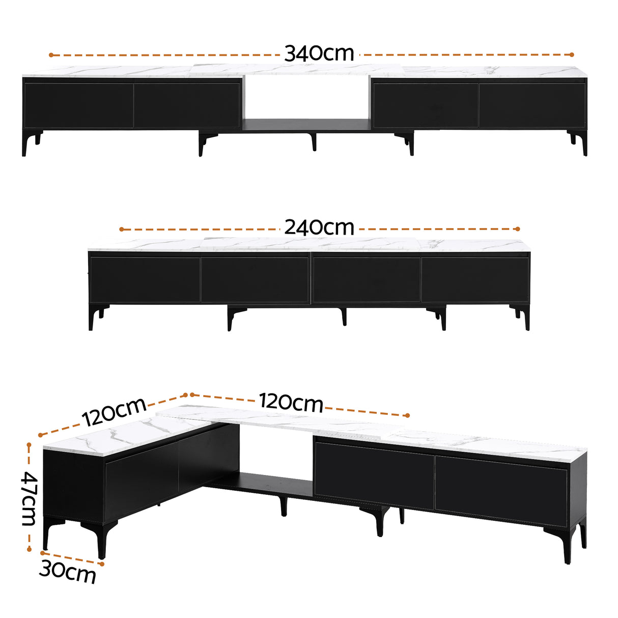 Margate black extendable TV cabinet with marble effect top in a modern living room