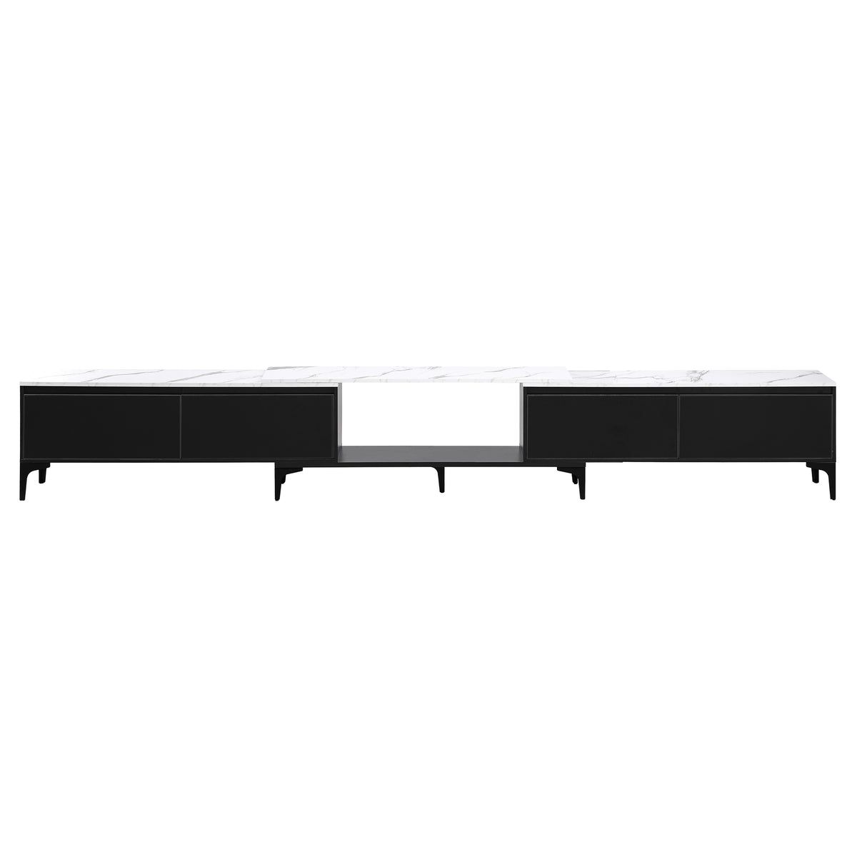 Margate black extendable TV cabinet with marble effect top in a modern living room
