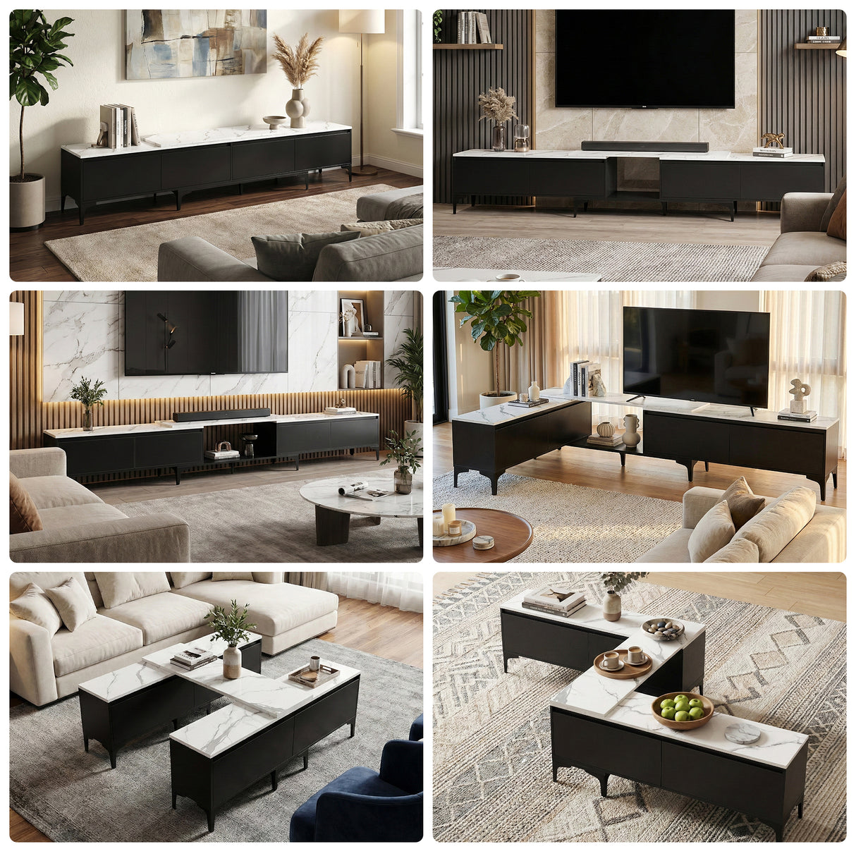 Margate black extendable TV cabinet with marble effect top in a modern living room