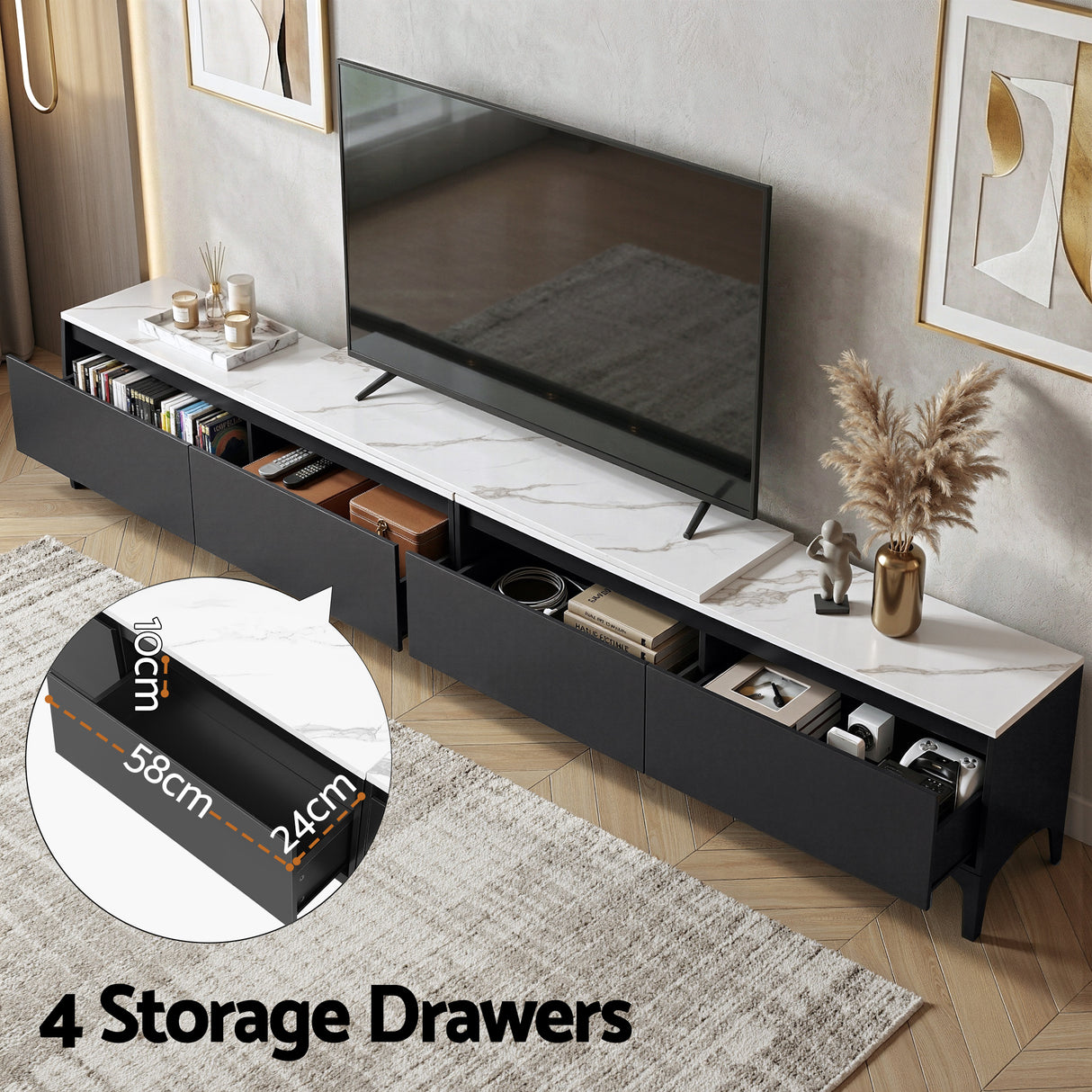 Margate black extendable TV cabinet with marble effect top in a modern living room