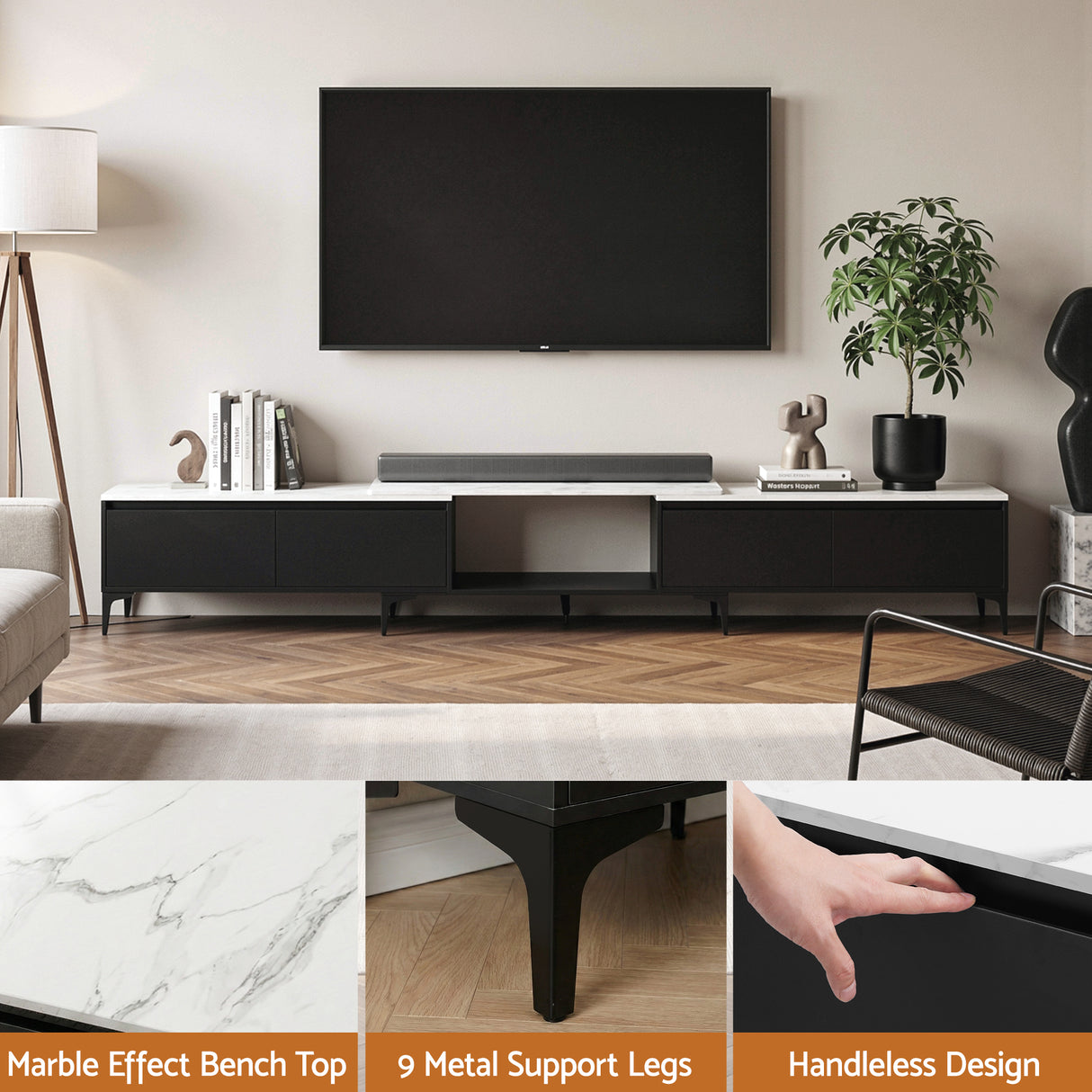 Margate black extendable TV cabinet with marble effect top in a modern living room
