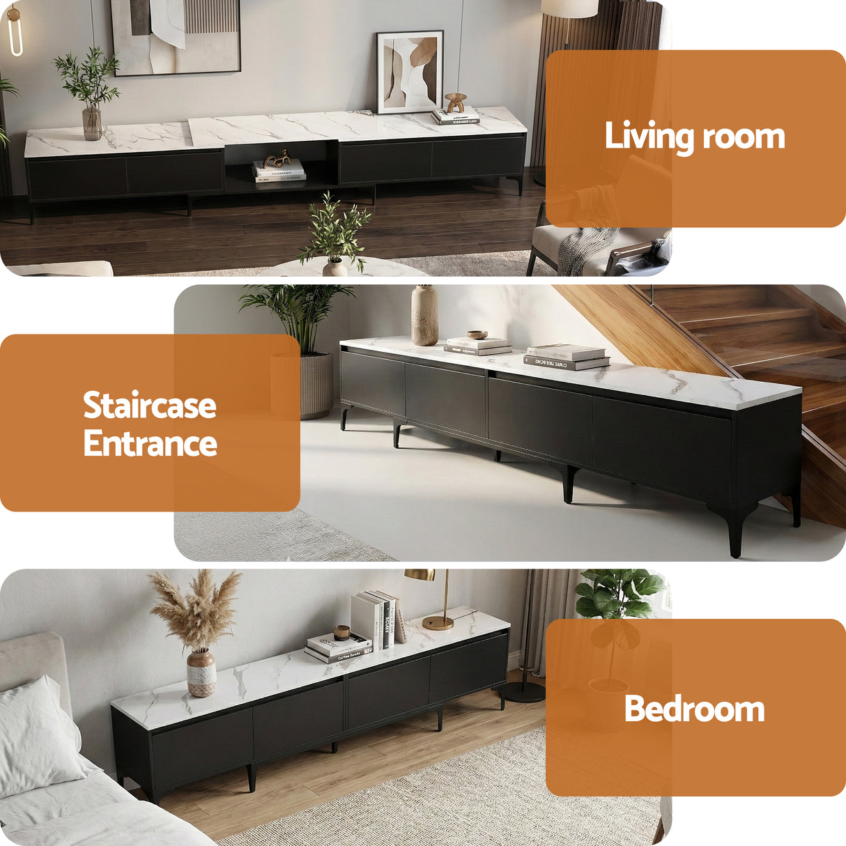 Margate black extendable TV cabinet with marble effect top in a modern living room
