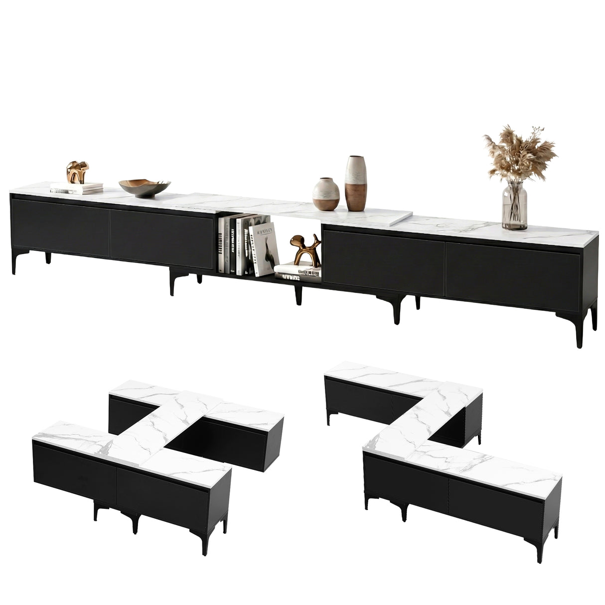 Margate black extendable TV cabinet with marble effect top in a modern living room