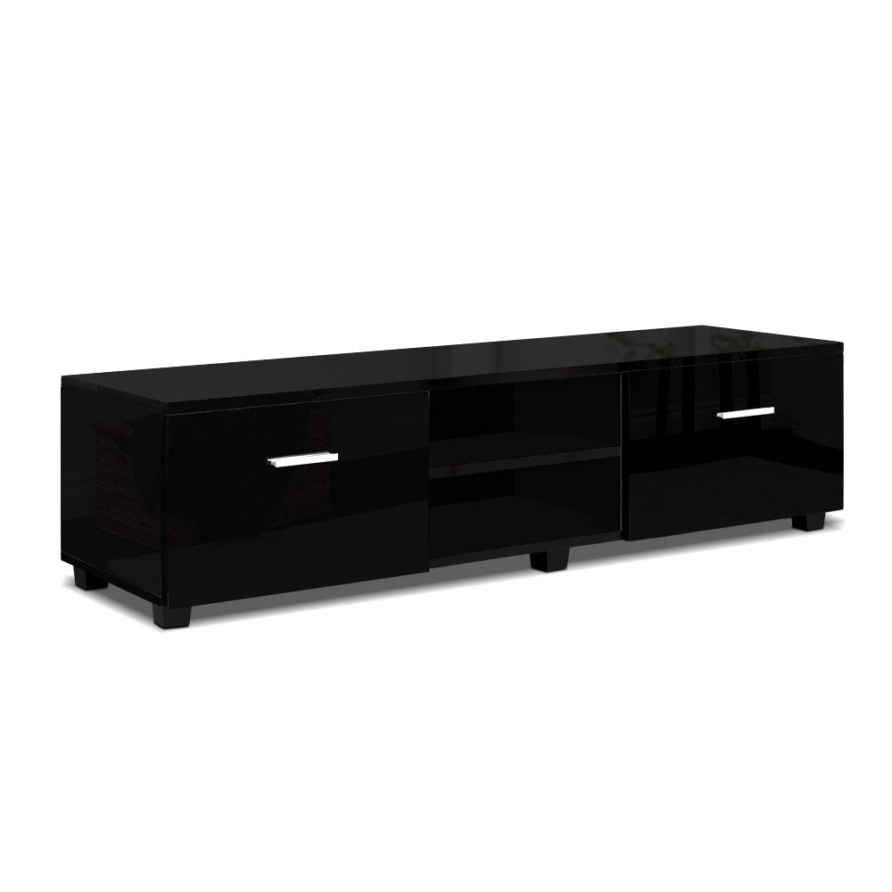 Dover black 140cm high gloss entertainment unit with two drawers in a modern living room