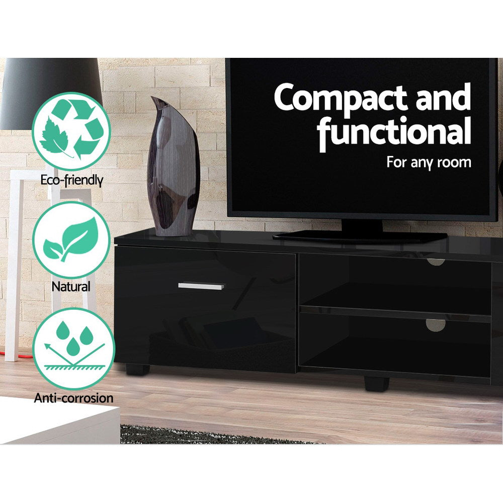 Dover black 140cm high gloss entertainment unit with two drawers in a modern living room