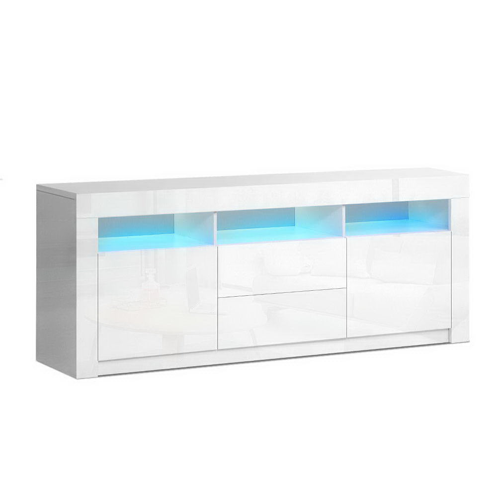 Franklin white 160cm LED entertainment unit with colour changing lighting in a modern living room