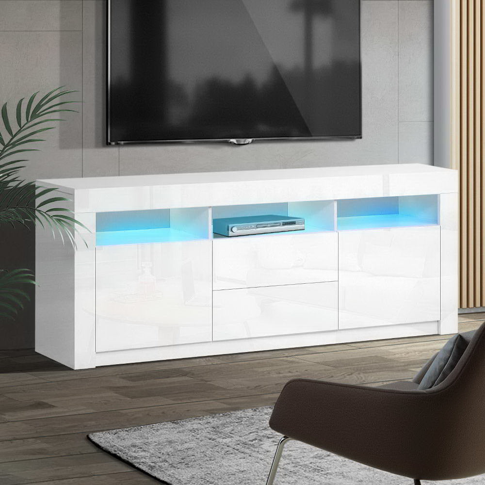 Franklin white 160cm LED entertainment unit with colour changing lighting in a modern living room