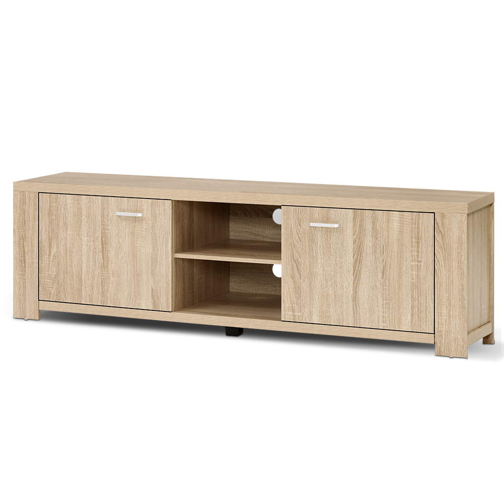 Snug pine 160cm entertainment unit with cabinets and shelves in a modern living room