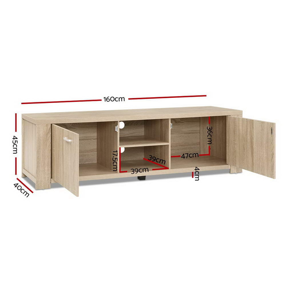 Snug pine 160cm entertainment unit with cabinets and shelves in a modern living room