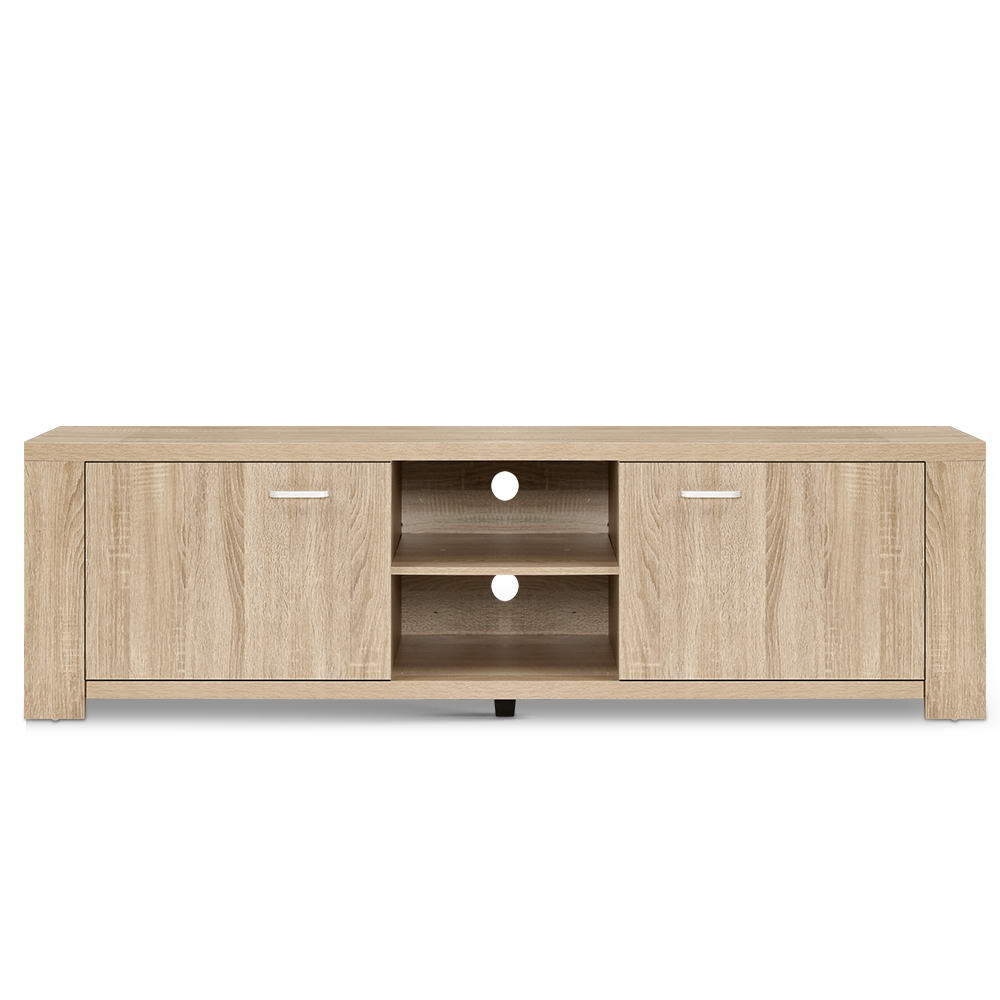 Snug pine 160cm entertainment unit with cabinets and shelves in a modern living room