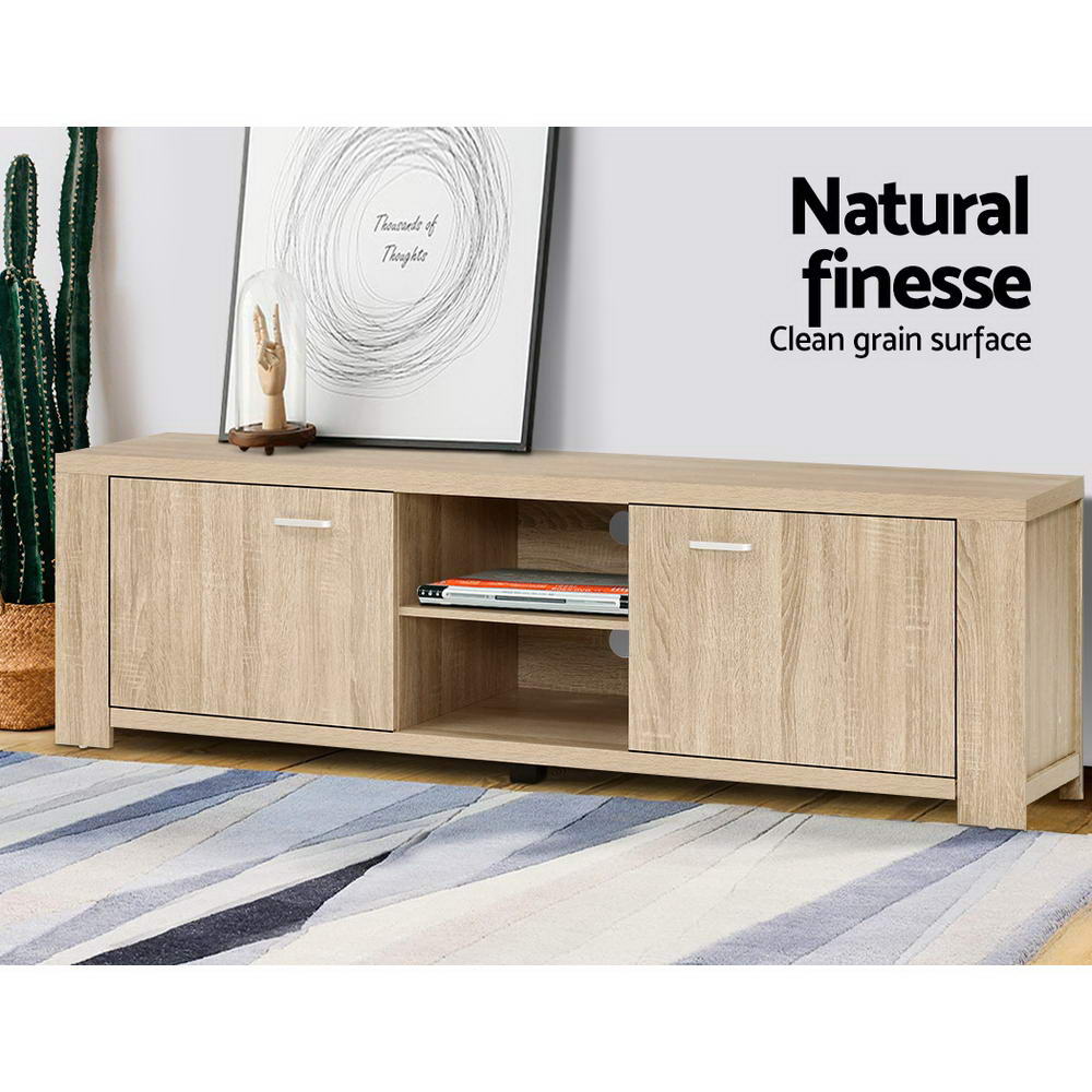 Snug pine 160cm entertainment unit with cabinets and shelves in a modern living room