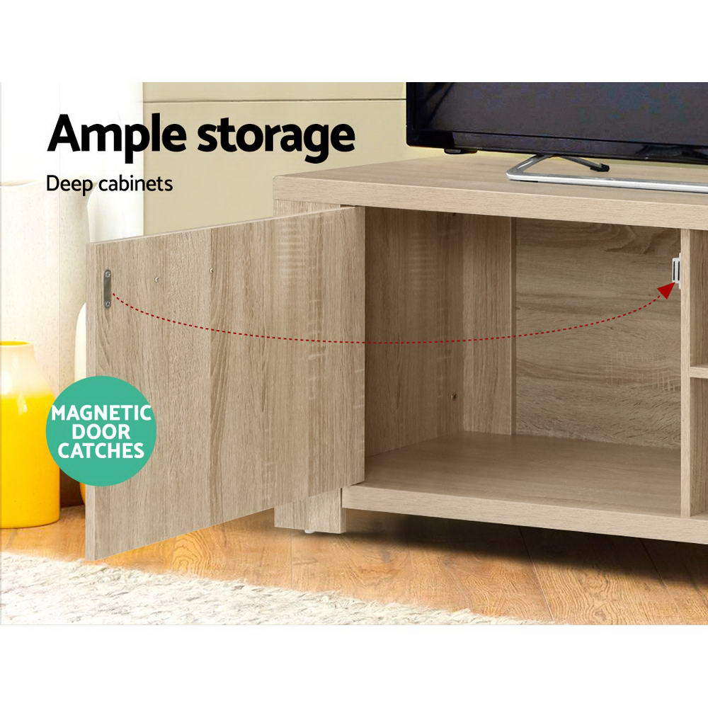 Snug pine 160cm entertainment unit with cabinets and shelves in a modern living room