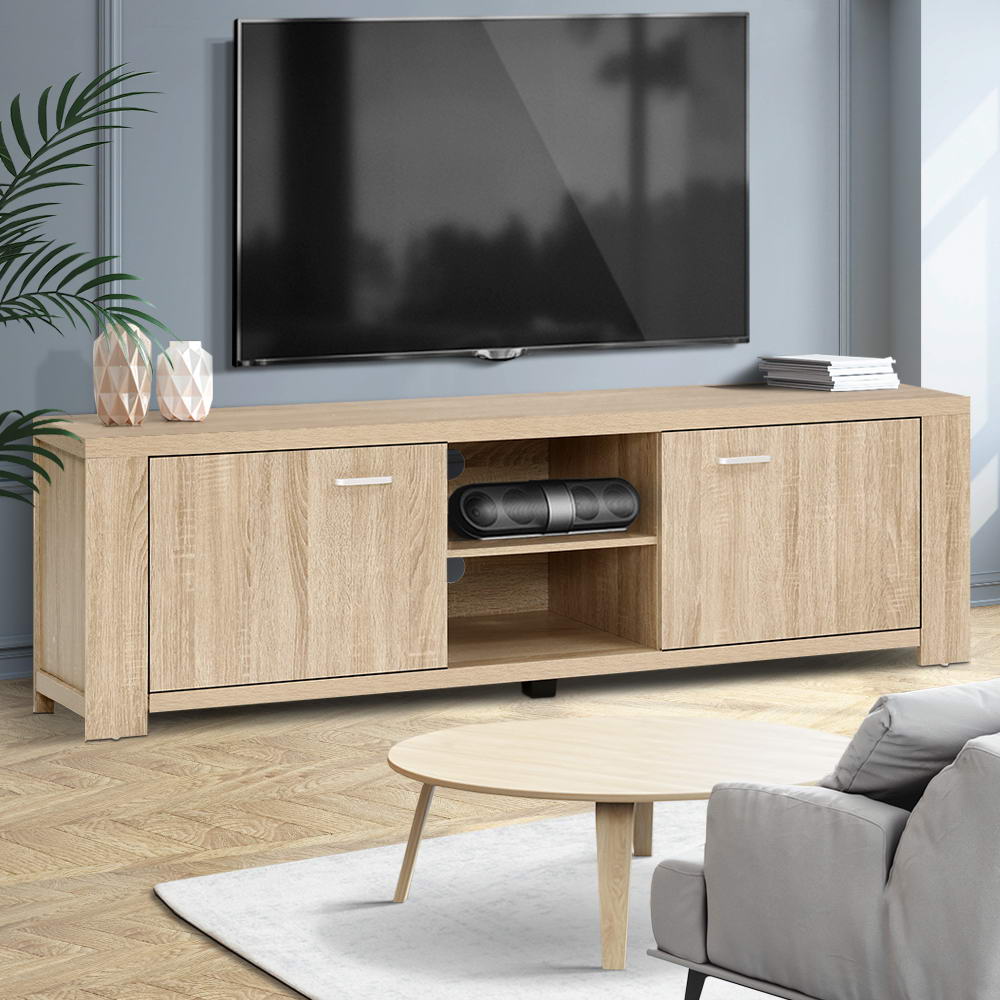 Snug pine 160cm entertainment unit with cabinets and shelves in a modern living room