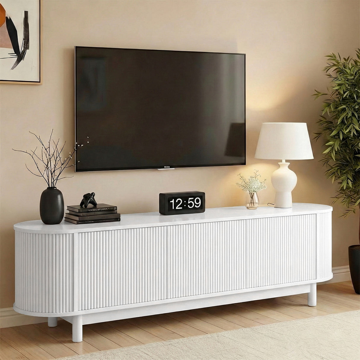 Taroona white 160cm entertainment unit with fluted doors in a modern living room