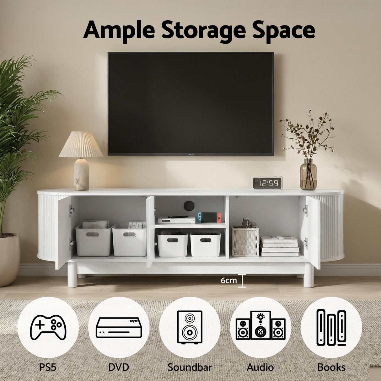 Taroona white 160cm entertainment unit with fluted doors in a modern living room