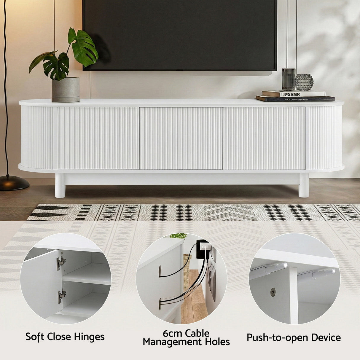 Taroona white 160cm entertainment unit with fluted doors in a modern living room