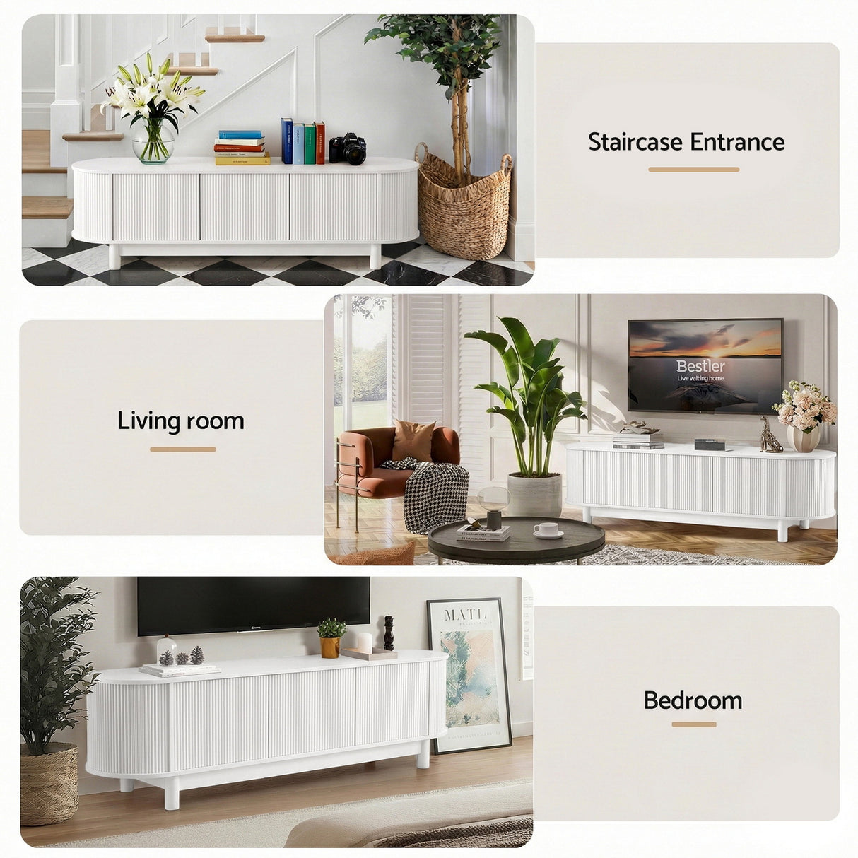 Taroona white 160cm entertainment unit with fluted doors in a modern living room