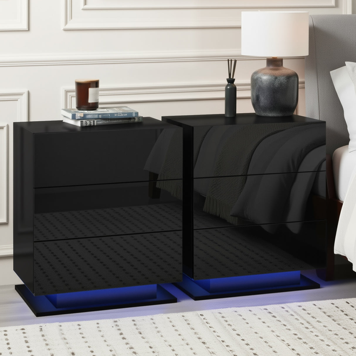 Tabulam LED 3 Drawer Bedside Table, Black 2pcs