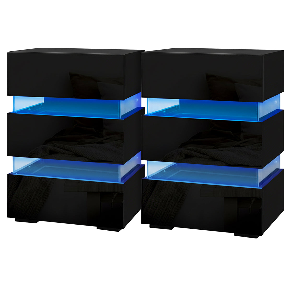Casino LED 3 Drawer Bedside Table, Black 2pcs