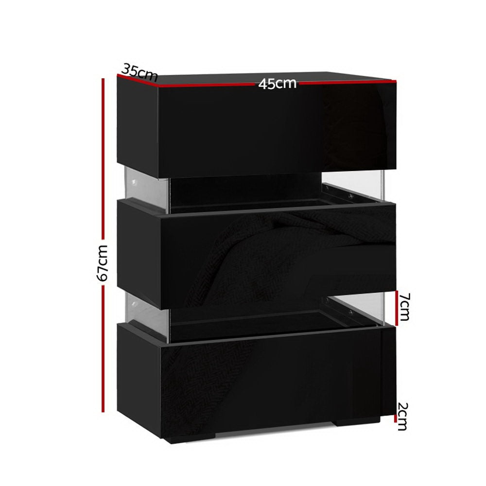 Casino LED 3 Drawer Bedside Table, Black 2pcs