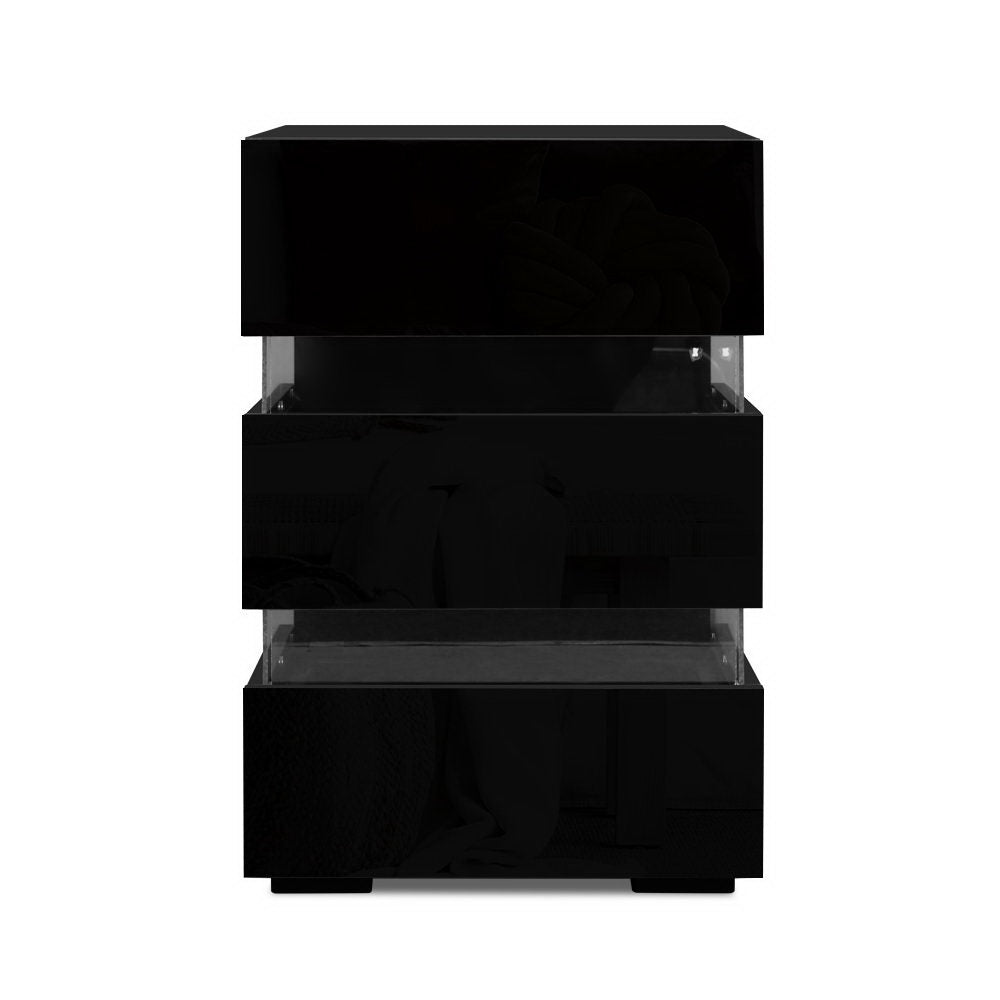 Casino LED 3 Drawer Bedside Table, Black 2pcs