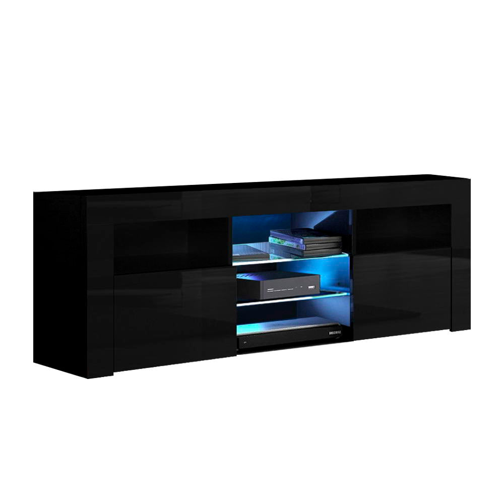 Oatlands 160cm black LED entertainment unit with colour changing lighting and glass shelves in a modern living room