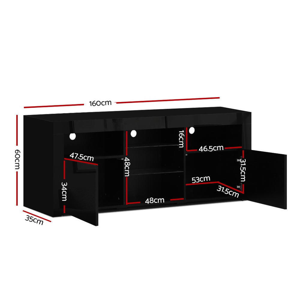 Oatlands 160cm black LED entertainment unit with colour changing lighting and glass shelves in a modern living room