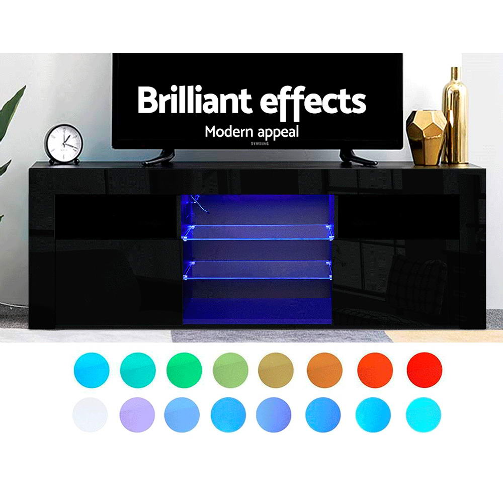 Oatlands 160cm black LED entertainment unit with colour changing lighting and glass shelves in a modern living room