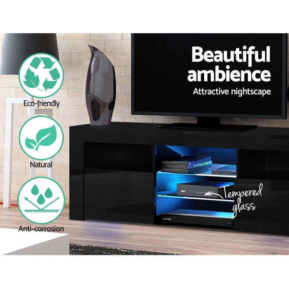 Oatlands 160cm black LED entertainment unit with colour changing lighting and glass shelves in a modern living room