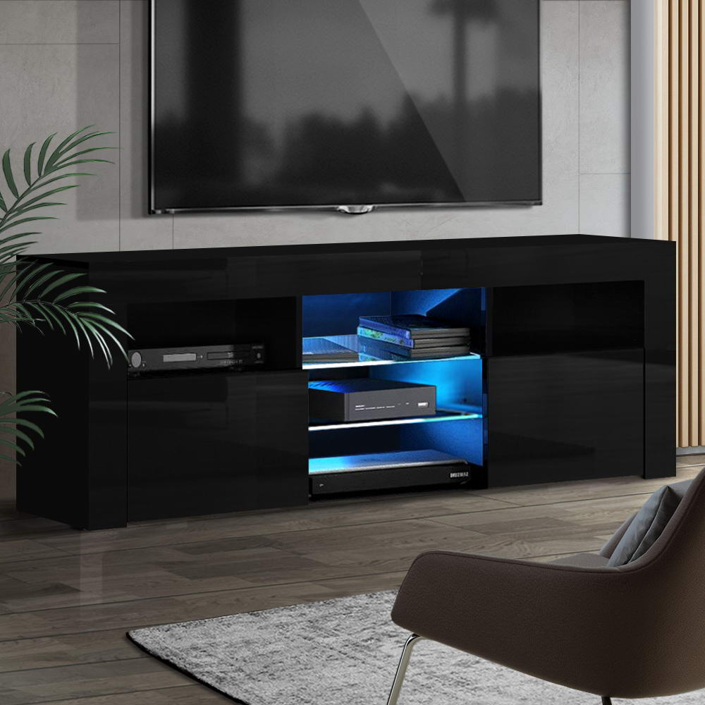 Oatlands 160cm black LED entertainment unit with colour changing lighting and glass shelves in a modern living room