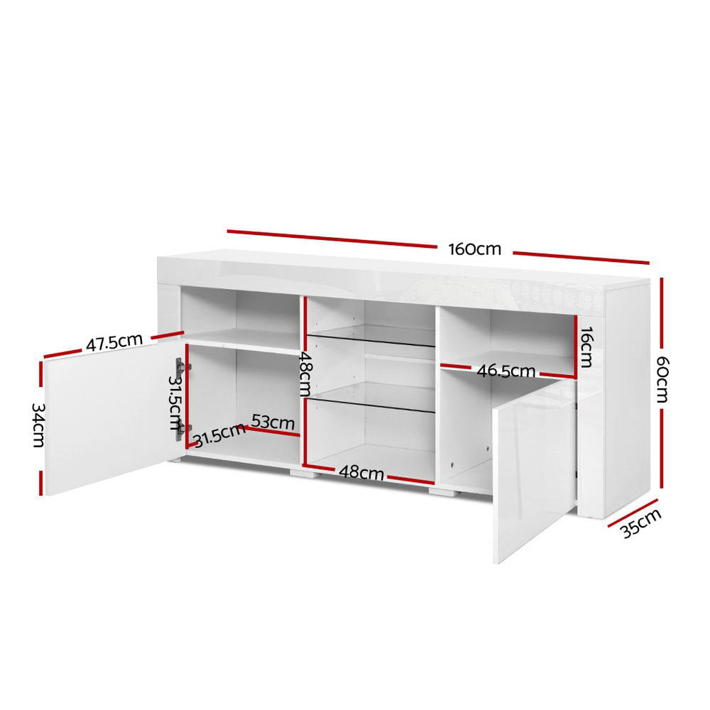 Oatlands 160cm white LED entertainment unit with colour changing lighting and glass shelves in a modern living room