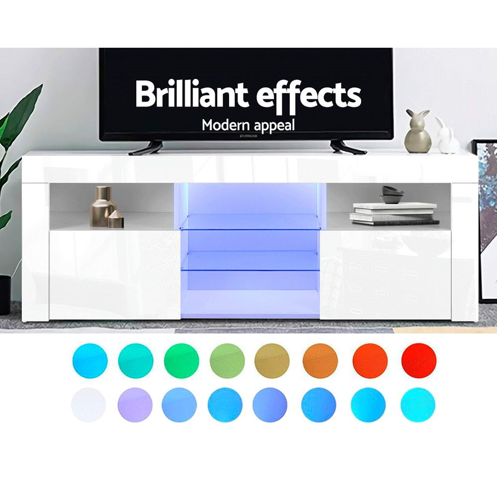 Oatlands 160cm white LED entertainment unit with colour changing lighting and glass shelves in a modern living room