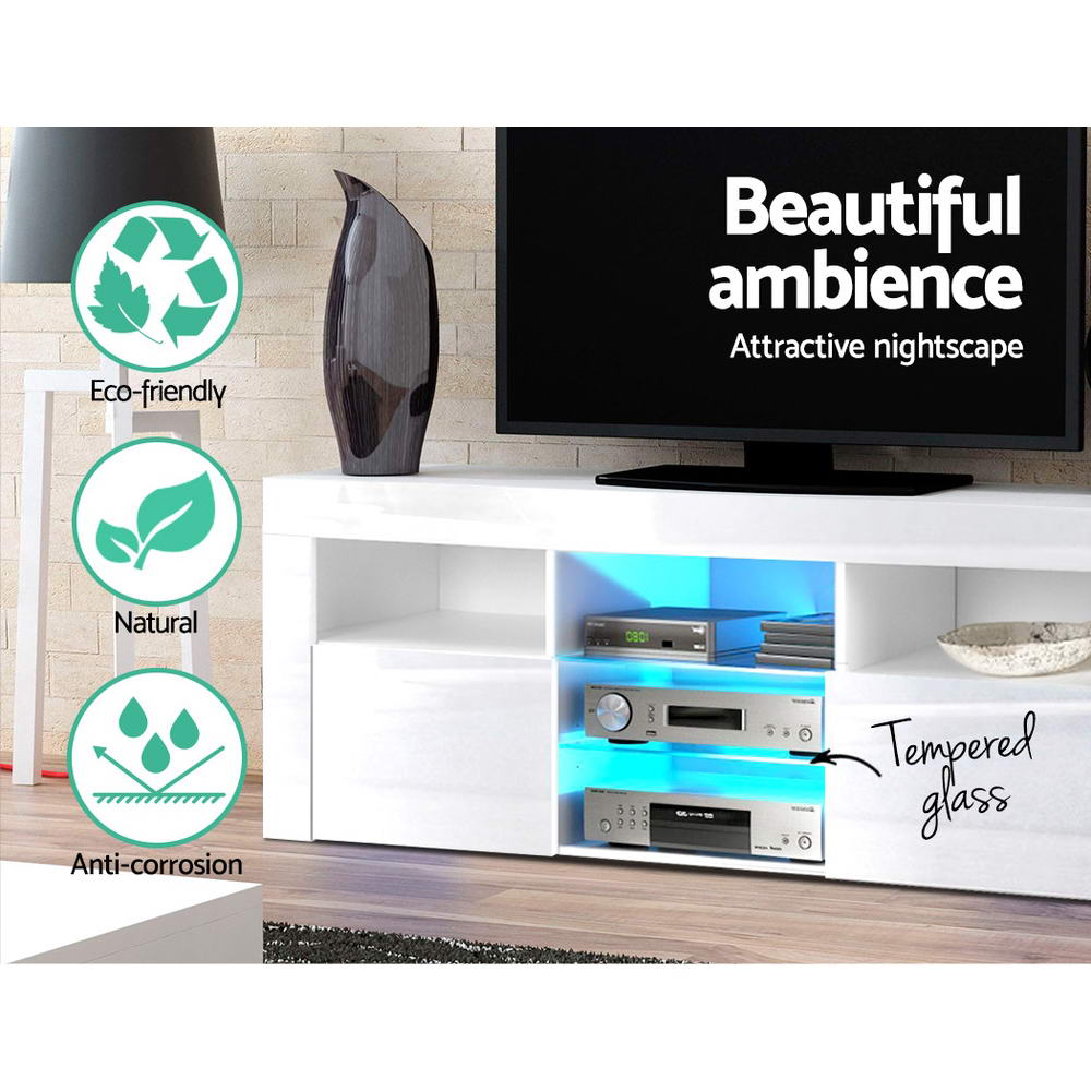Oatlands 160cm white LED entertainment unit with colour changing lighting and glass shelves in a modern living room