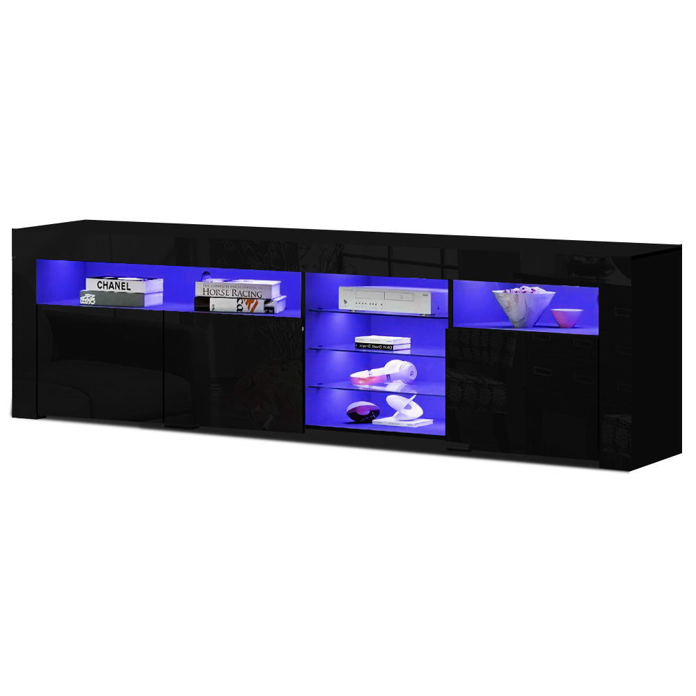 Oatlands 180cm black LED entertainment unit with colour changing lighting and glass shelves in a modern living room