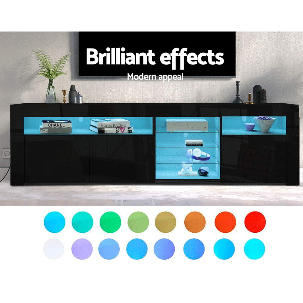 Oatlands 180cm black LED entertainment unit with colour changing lighting and glass shelves in a modern living room