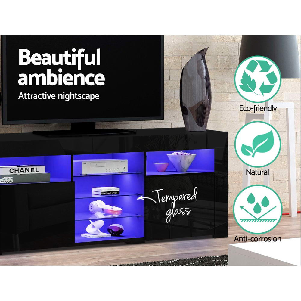 Oatlands 180cm black LED entertainment unit with colour changing lighting and glass shelves in a modern living room