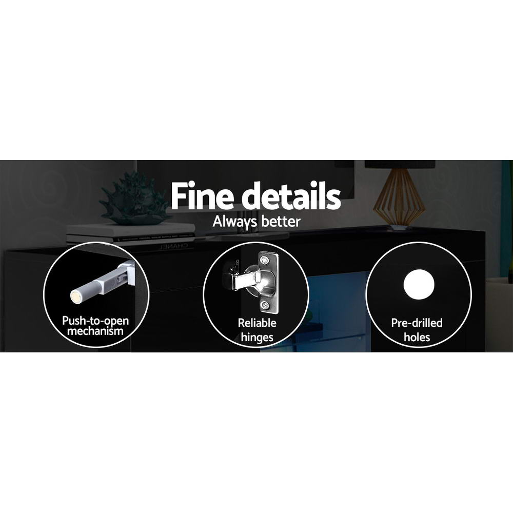Oatlands 180cm black LED entertainment unit with colour changing lighting and glass shelves in a modern living room