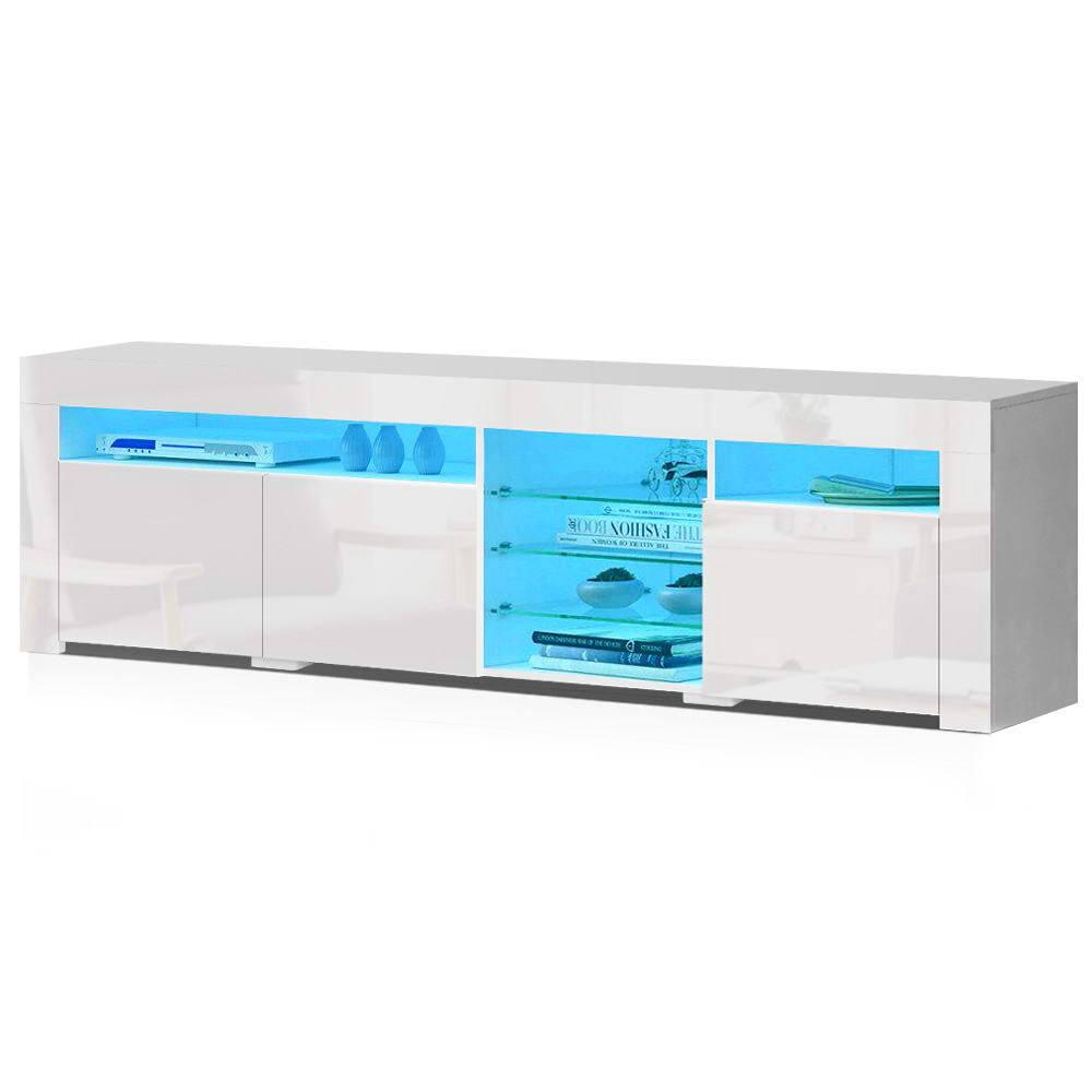Oatlands 180cm white LED entertainment unit with colour changing lighting and glass shelves in a modern living room