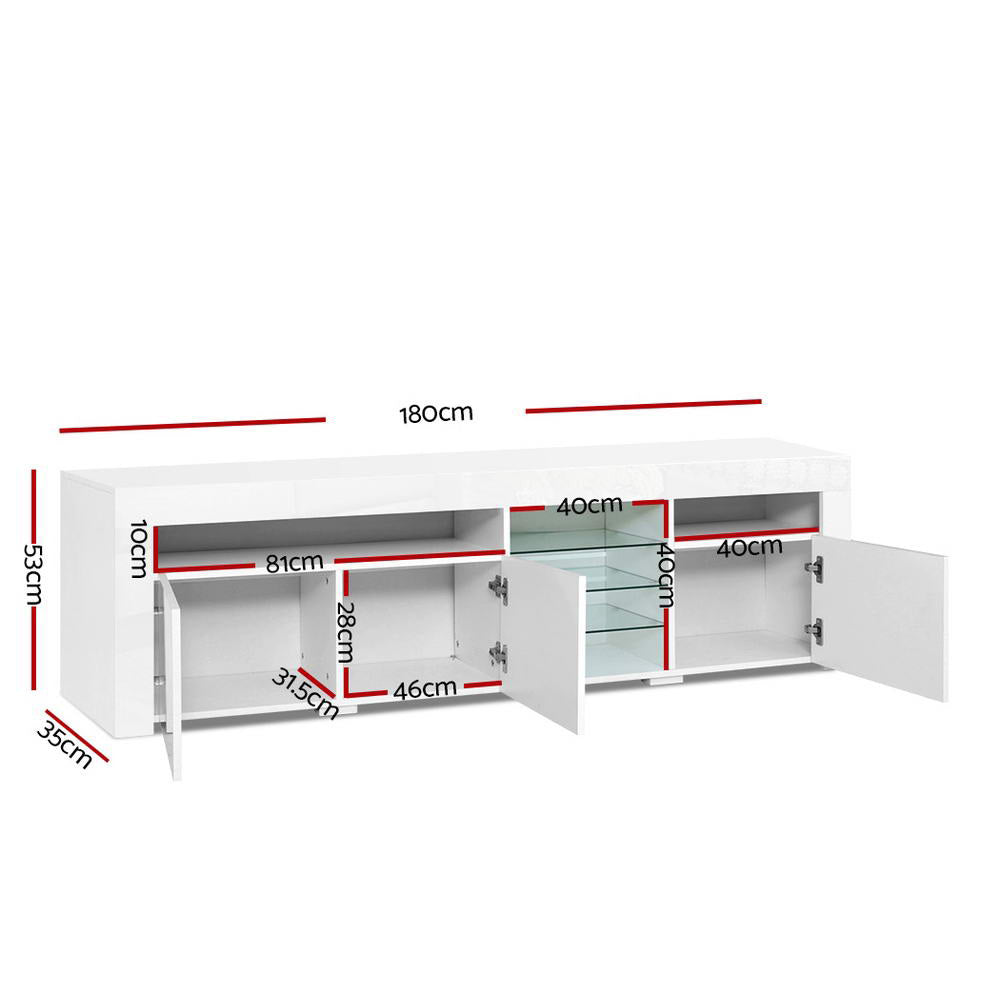 Oatlands 180cm white LED entertainment unit with colour changing lighting and glass shelves in a modern living room