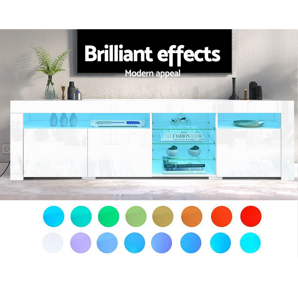 Oatlands 180cm white LED entertainment unit with colour changing lighting and glass shelves in a modern living room
