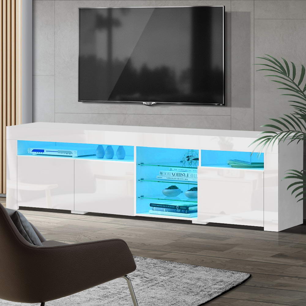 Oatlands 180cm white LED entertainment unit with colour changing lighting and glass shelves in a modern living room