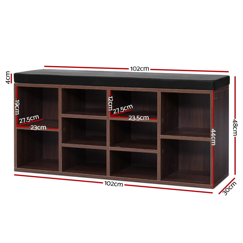 Walnut Shoe Rack Cabinet Bench with Cushioned Seat