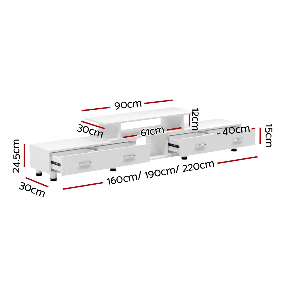 Bicheno white extendable three in one entertainment unit with four drawers in a modern living room