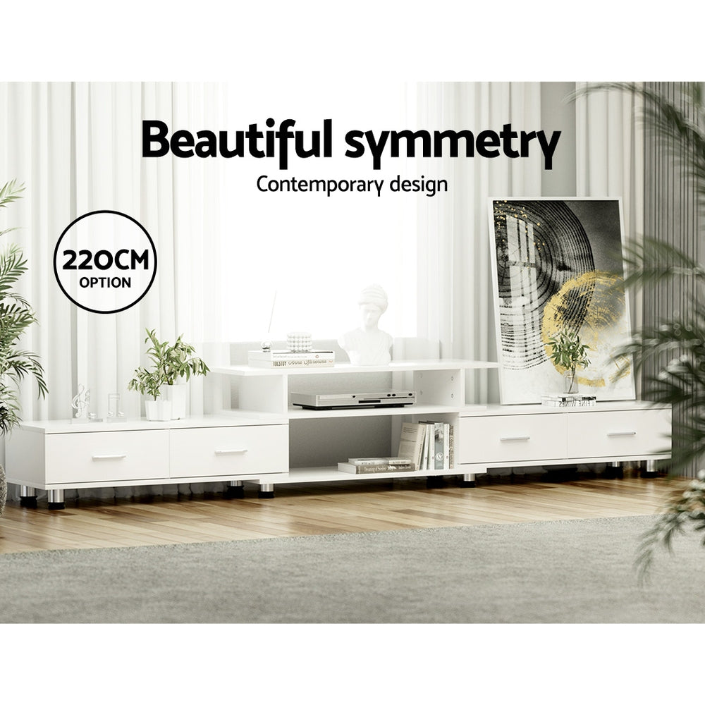 Bicheno white extendable three in one entertainment unit with four drawers in a modern living room