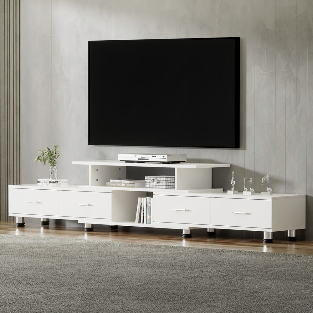 Bicheno white extendable three in one entertainment unit with four drawers in a modern living room