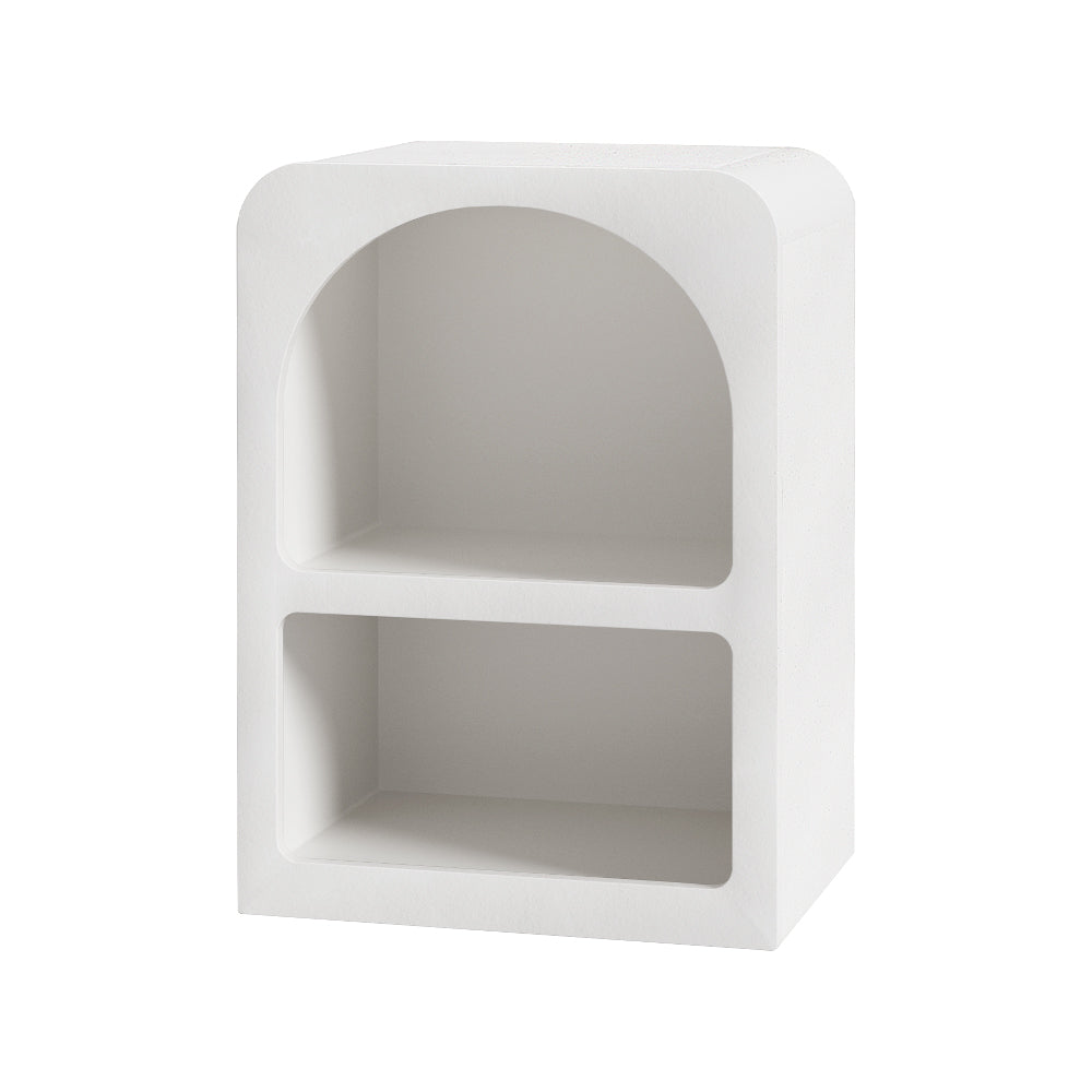 Clunes white arched bedside table with two open shelves in a bright contemporary bedroom