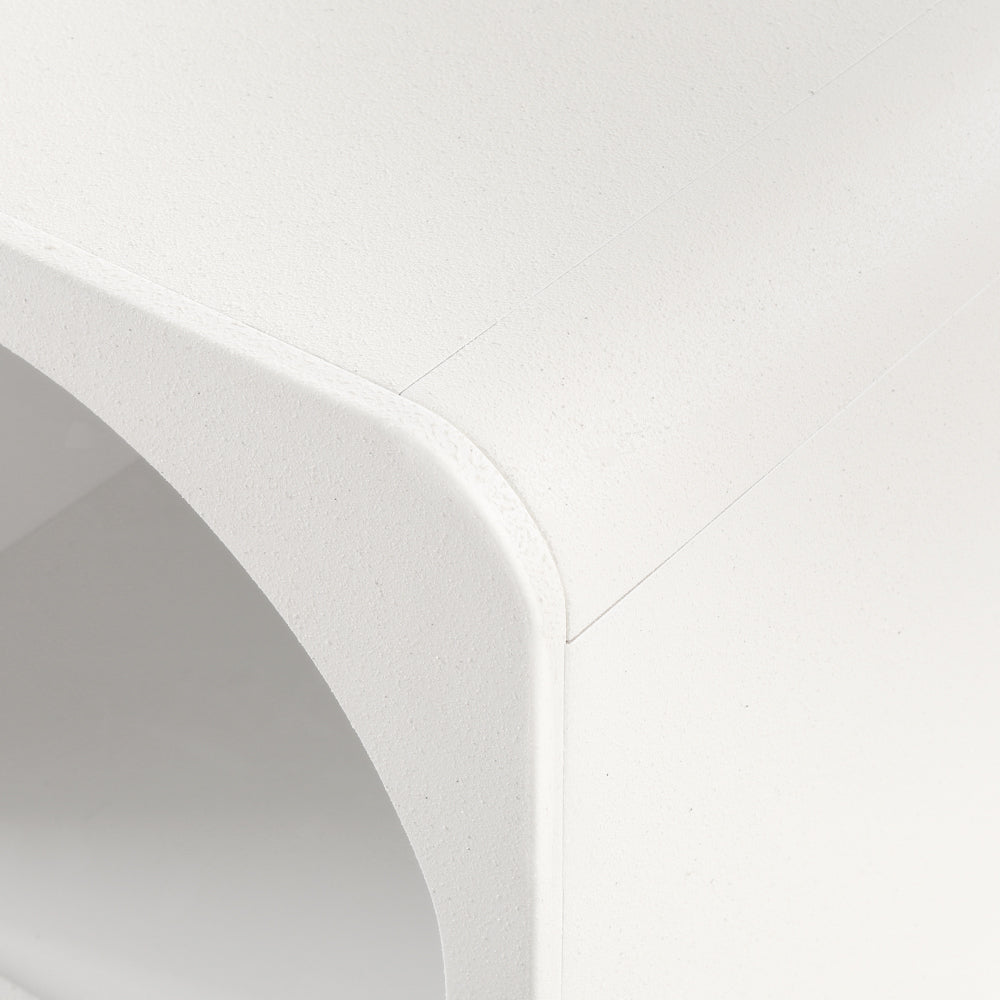 Clunes white arched bedside table with two open shelves in a bright contemporary bedroom