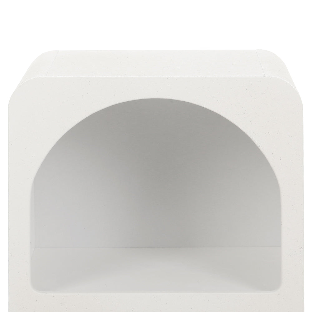 Clunes white arched bedside table with two open shelves in a bright contemporary bedroom