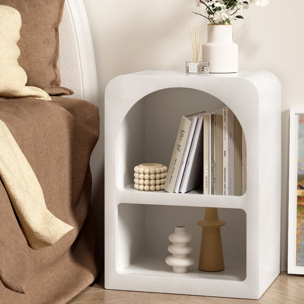 Clunes white arched bedside table with two open shelves in a bright contemporary bedroom