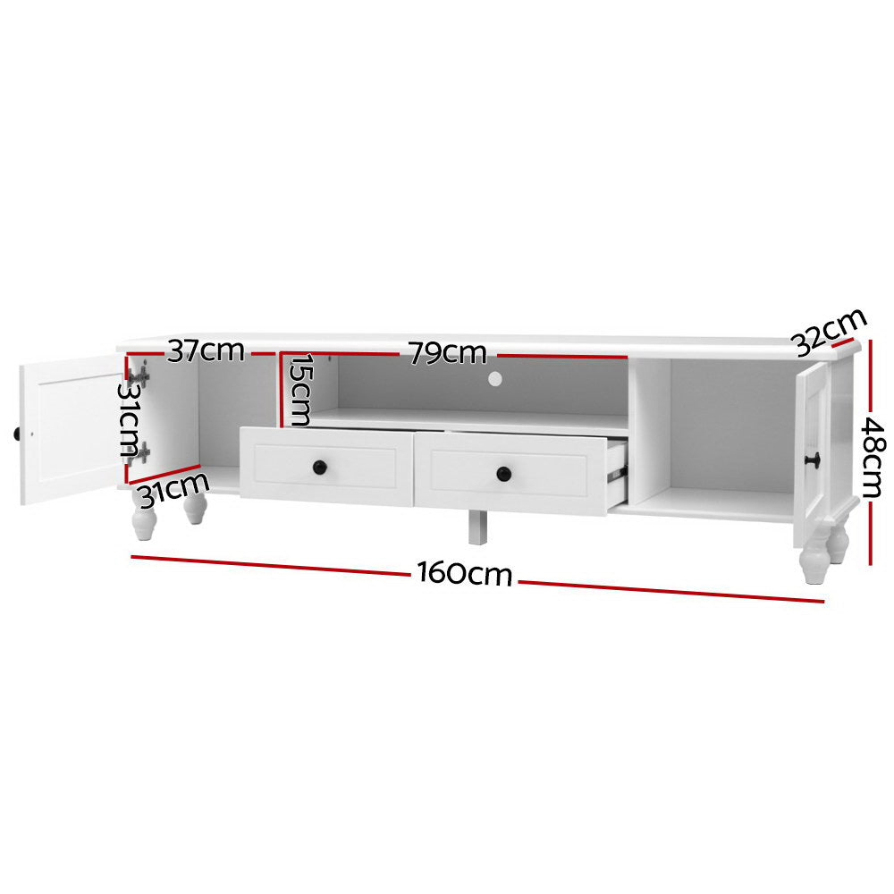 Ross 160cm white French provincial entertainment unit with pine wood legs in a modern living room